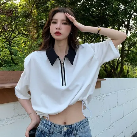拉链polo衫短袖t恤女夏高腰抽绳正肩小众设计感别致短款露脐上衣图片