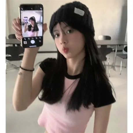 短款圆领短袖t恤女夏季2023新款修身显瘦纯欲风辣妹插肩袖上衣ins商品大图