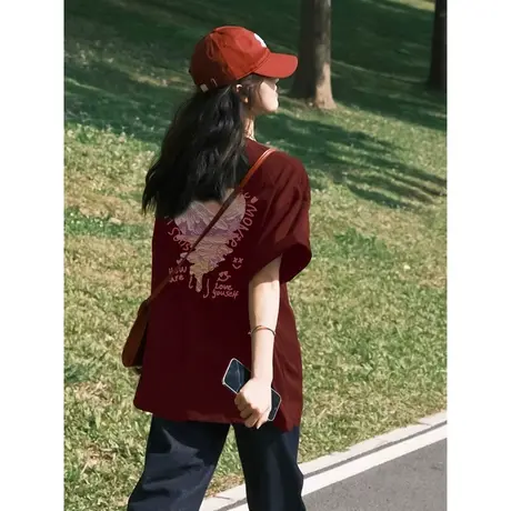 纯棉美式复古设计感印花短袖t恤女夏季小众宽松半袖显瘦上衣潮牌商品大图