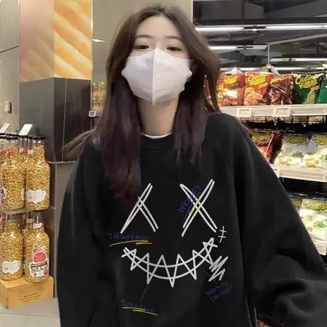 美式复古圆领卫衣女秋冬潮牌ins小众高街oversize宽松外套上衣图片