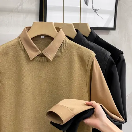 假两件衬衫领商务休闲毛衣男长袖套头修身秋冬季内搭打底针织衫男商品大图