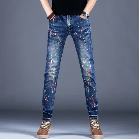 深蓝色油漆泼墨牛仔裤男春百搭2023夏季裤子宽松阔腿休闲长裤潮牌图片