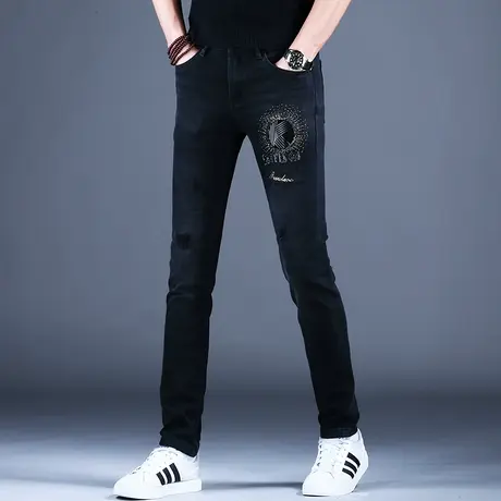 秋季男士新款2023牛仔裤子高端时尚修身烫钻小脚裤百搭棉弹潮牌裤图片