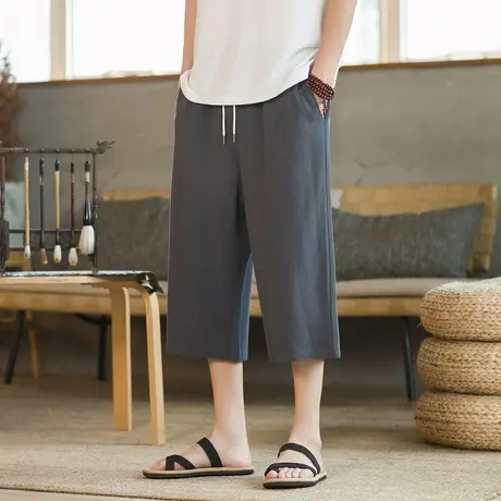 亚麻短裤男夏外穿中裤大码宽松七分裤夏季棉麻裤子潮流休闲7分裤图片