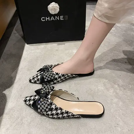 包头半拖鞋女外穿2023新款春夏季网红百搭平底蝴蝶结尖头穆勒凉拖商品大图