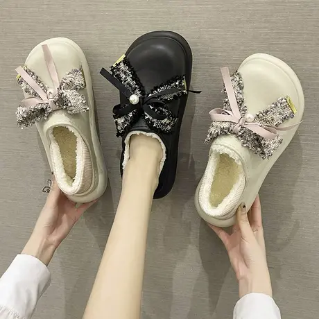可爱蝴蝶结防水加绒棉拖鞋女包跟秋冬季保暖居家室内厚底保暖棉鞋商品大图