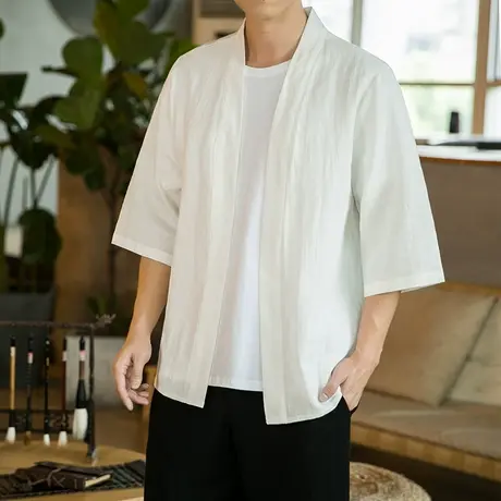 秋季古风棉麻对襟半袖汉服披风外套男中国风开襟传统文化亚麻道袍图片