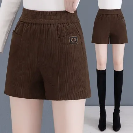 休闲灯芯绒短裤女2023年当季流行高腰显瘦大码A字裤松紧外穿靴裤商品大图