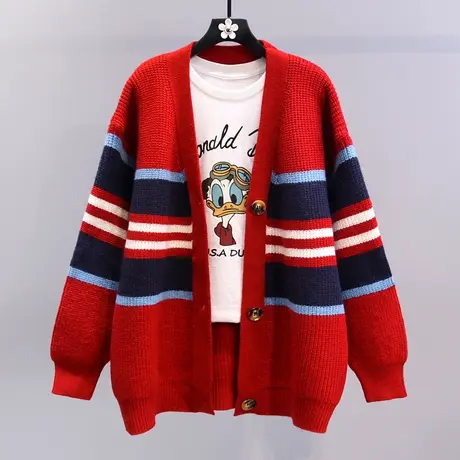 撞色条纹毛衣外套女秋冬2023年新款宽松慵懒风中长款洋气针织开衫图片