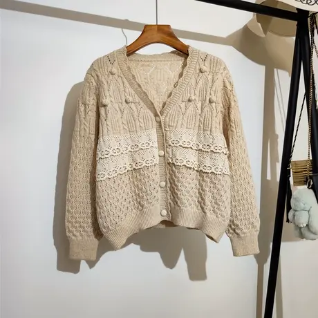 温柔风针织开衫女秋冬新款韩版宽松v领上衣甜美显瘦短款毛衣外套图片