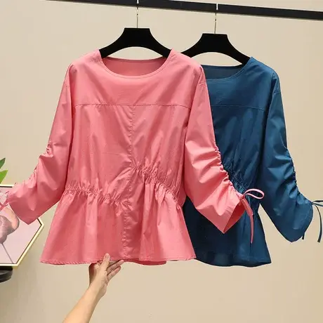 欧版白色衬衫女2023夏季新款抽绳袖不规则收腰荷叶边圆领显瘦上衣商品大图