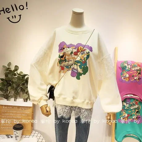 2020秋装洋气小众设计感卫衣韩国东大门新款蕾丝衬衫拼接卫衣宽松商品大图