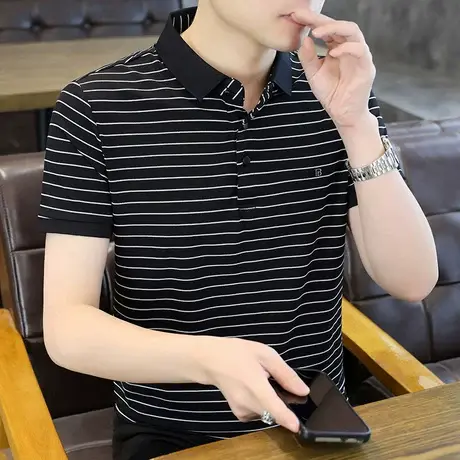 翻领polo衫男装潮牌2025夏季新款休闲潮流条纹上衣带领短袖t恤男商品大图