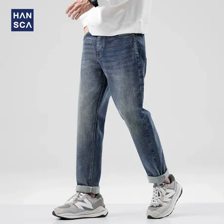 hansca微锥直筒牛仔裤男2024年秋季新款复古蓝色水洗做旧百搭长裤商品大图