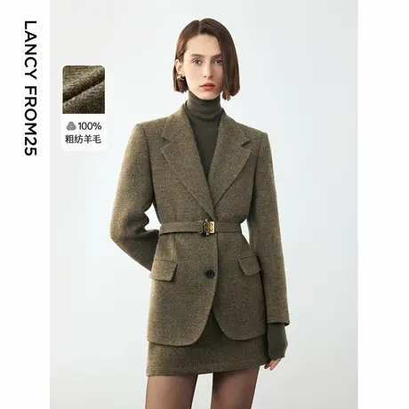 朗姿2024年冬季新款纯羊毛复古人字纹高智西装外套气质收腰西服图片