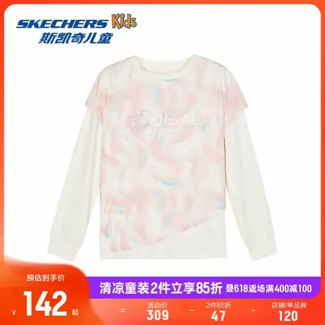 Skechers斯凯奇童装女童针织连帽长袖T恤衫春春季儿童假两件上衣商品大图