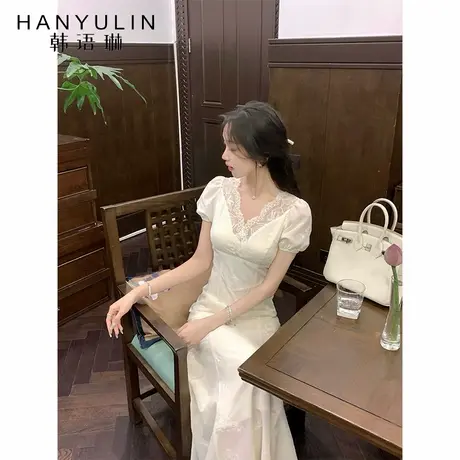 韩语琳 6/30 法式复古气质连衣裙女夏季新款蕾丝拼接V领显瘦长裙图片