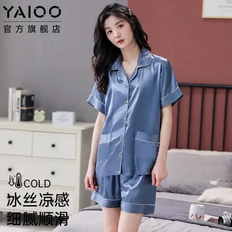 雅鹿冰丝睡衣女短袖短裤夏季大码开衫中年妈妈可外穿家居服两件套商品大图