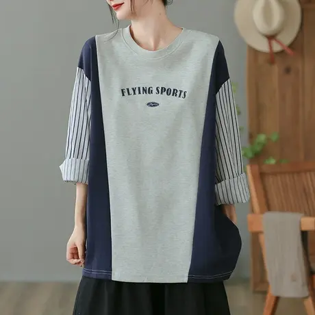 dza 复古拼接撞色纯棉休闲卫衣女士春秋新款宽松套头圆领长袖上衣商品大图