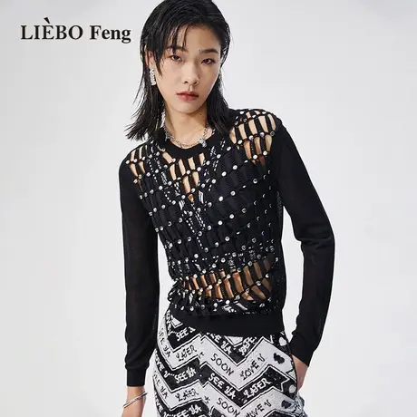裂帛LIEBOFeng2023年新款商场同款黑色修身透视网格长袖针织衫图片
