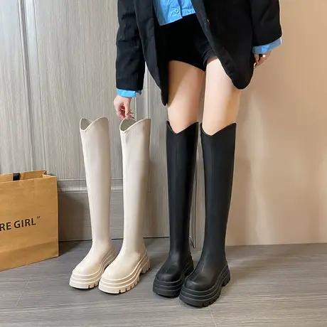 气质v口女靴夏季2023新款法式骑士靴爆款显瘦时尚厚底增高长筒靴图片