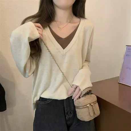 v领假两件针织衫女2023新款早秋季外搭内搭长袖打底衫气质上衣服商品大图