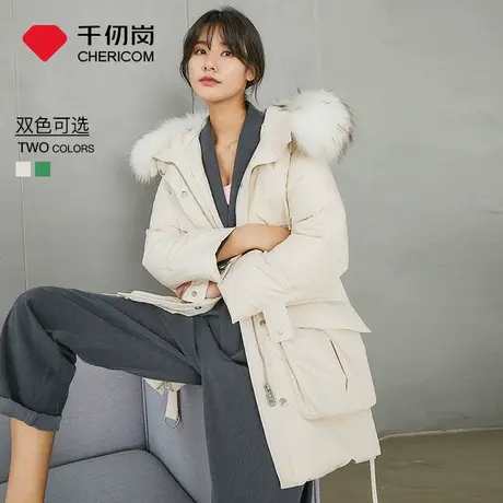 千仞岗新款秋冬修身收腰袖部系带羽绒服女连帽大毛领派克服图片