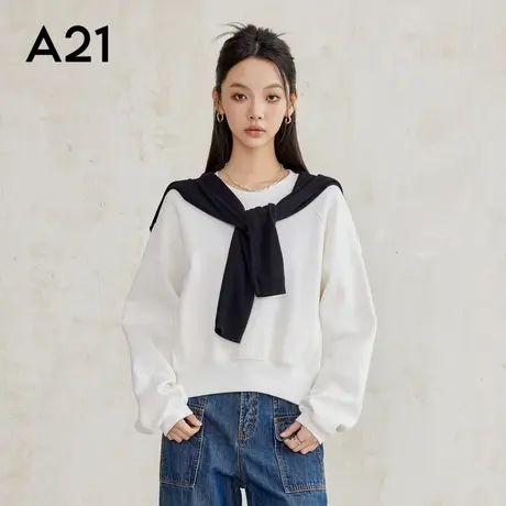 A21女装2025新款针织宽松圆领落肩套头纯色白色短款无绒底卫衣图片