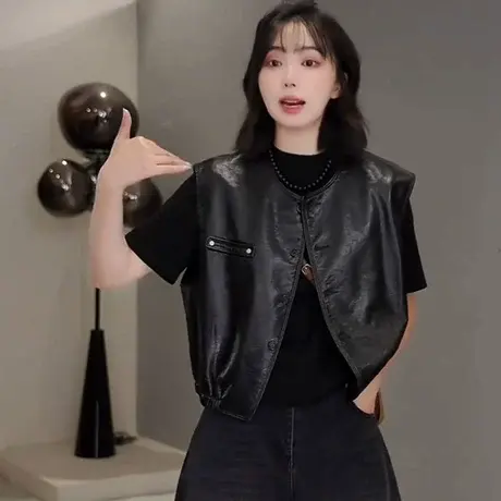 韩版复古PU皮无袖马甲女2025早秋新款短款圆领简约百搭下摆松紧潮图片