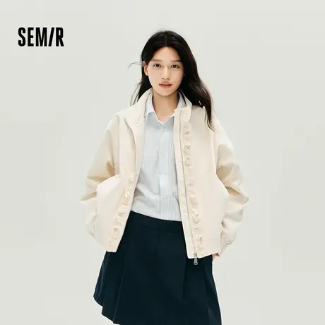 森马外套女秋季设计感木耳边弯刀袖宽松肌理白色2025新款复古夹克图片