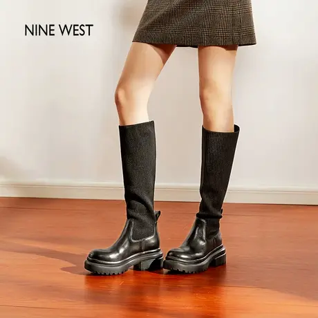 Nine West/玖熙厚底长筒袜靴女秋冬新款黑色显瘦弹力瘦瘦靴爆款商品大图