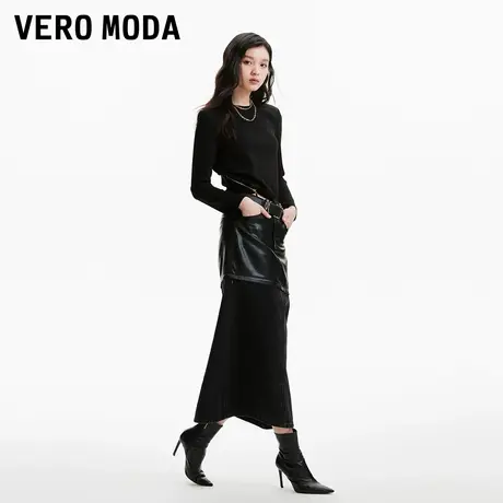 Vero Moda奥莱半身裙春秋新款牛仔拼PU两穿可拆卸长短皮裙流行图片