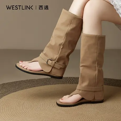 西遇复古平底罗马凉鞋女2025秋季新款美拉德长筒靴人字夹趾凉靴A图片