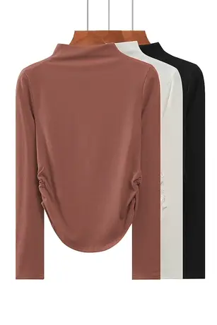 秋冬新款半高领圆弧纯欲螺纹纯棉纯色褶皱长袖体恤上衣女装打底衫图片