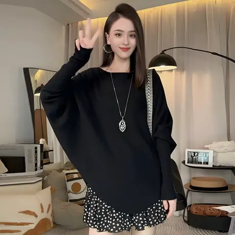 拉夏贝尔早秋穿搭蝙蝠袖针织衫女2025新款秋装慵懒松弛感露肩上衣商品大图