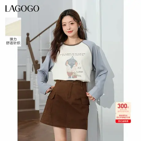 LAGOGO童趣小象撞色插肩袖T恤女拉谷谷2025秋季新款甜美宽松上衣图片