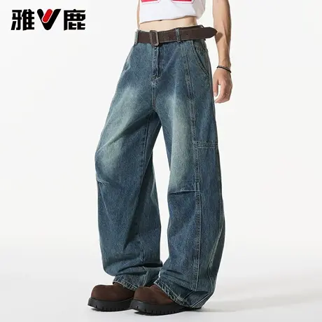 雅鹿宽松百搭阔腿拖地牛仔裤男2026春夏新款港风潮牌磨白休闲长裤商品大图