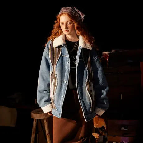 复古拼接棉服女冬季加厚羊羔毛外套2023年新款设计感潮牌宽松棉衣商品大图