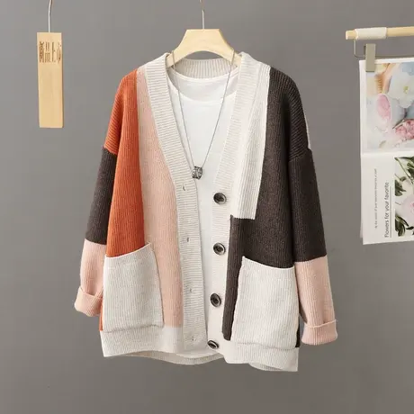 秋季2023年新款慵懒风宽松V领单排扣针织开衫女加厚外套毛衣百搭图片