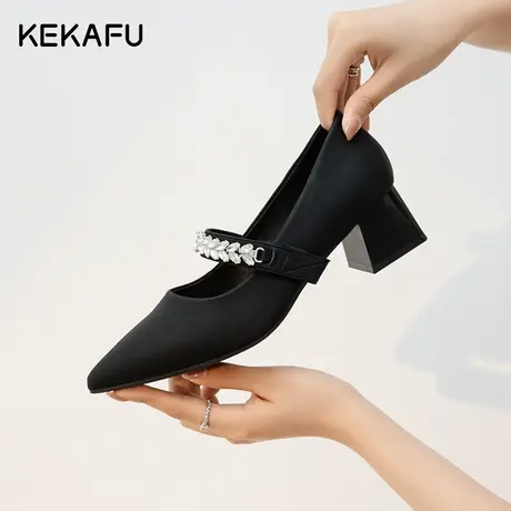 珂卡芙黑色粗跟高跟鞋夏季女2023新款浅口尖头气质单鞋玛丽珍女鞋商品大图