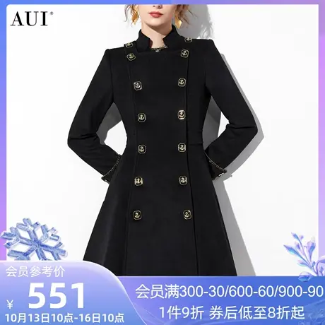 AUI黑色高端修身毛呢外套女冬2023新款气质双排扣中长款呢子大衣图片