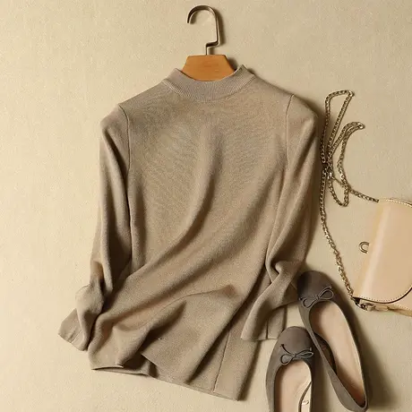 清仓！秋冬季女士半高领长袖针织衫修身圆领长袖套头毛衣打底衫商品大图
