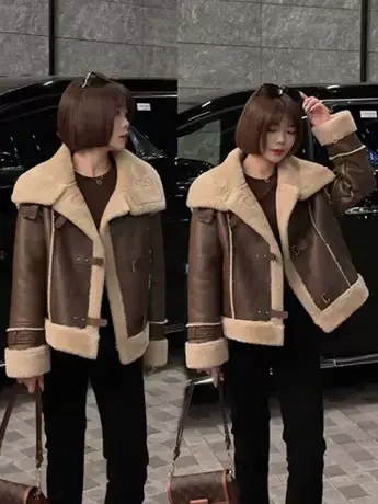 机车皮毛一体羊羔毛外套女2023秋冬新款美利奴短款羊剪绒年轻大衣图片