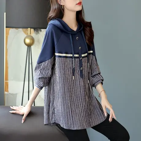 宝诗黎连帽条纹拼接宽松卫衣女秋装2023新款长袖套头韩版休闲上衣商品大图