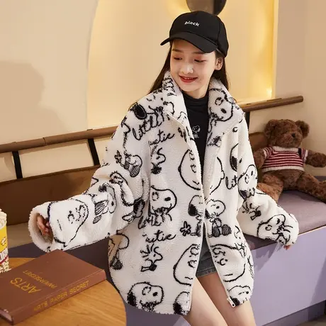 唐狮[史努比]加绒加厚外套女装秋冬新短款夹克满印宽松上衣百搭潮图片