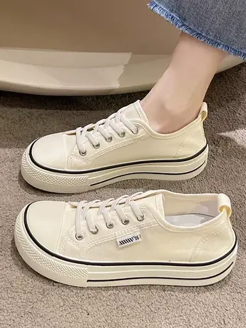 休闲帆布鞋女2023年春秋新款厚底平底小白鞋软底芒果头爆款板鞋子图片