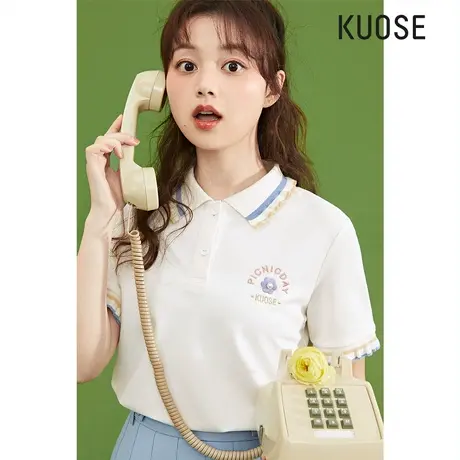 阔色短袖polo衫女白色t恤2023新款夏装学院风短款正肩上衣图片