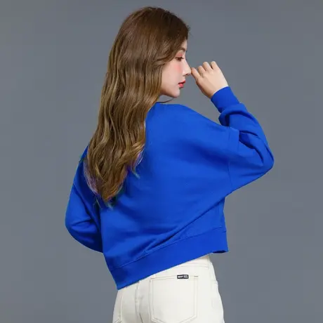 克莱因蓝短款卫衣女宝石蓝色2023新款春秋季高腰上衣女小个子外套商品大图