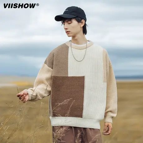 VIISHOW潮牌毛衣秋冬季圆领休闲男生宽松套头运动针织衫内搭上衣商品大图