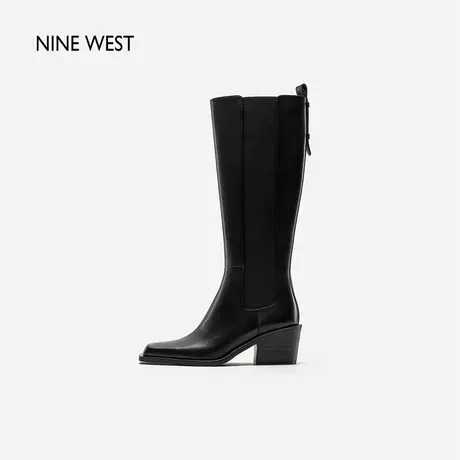 Nine West/玖熙甜酷方头高跟时装靴2023年冬季新品摩登真皮长筒靴图片